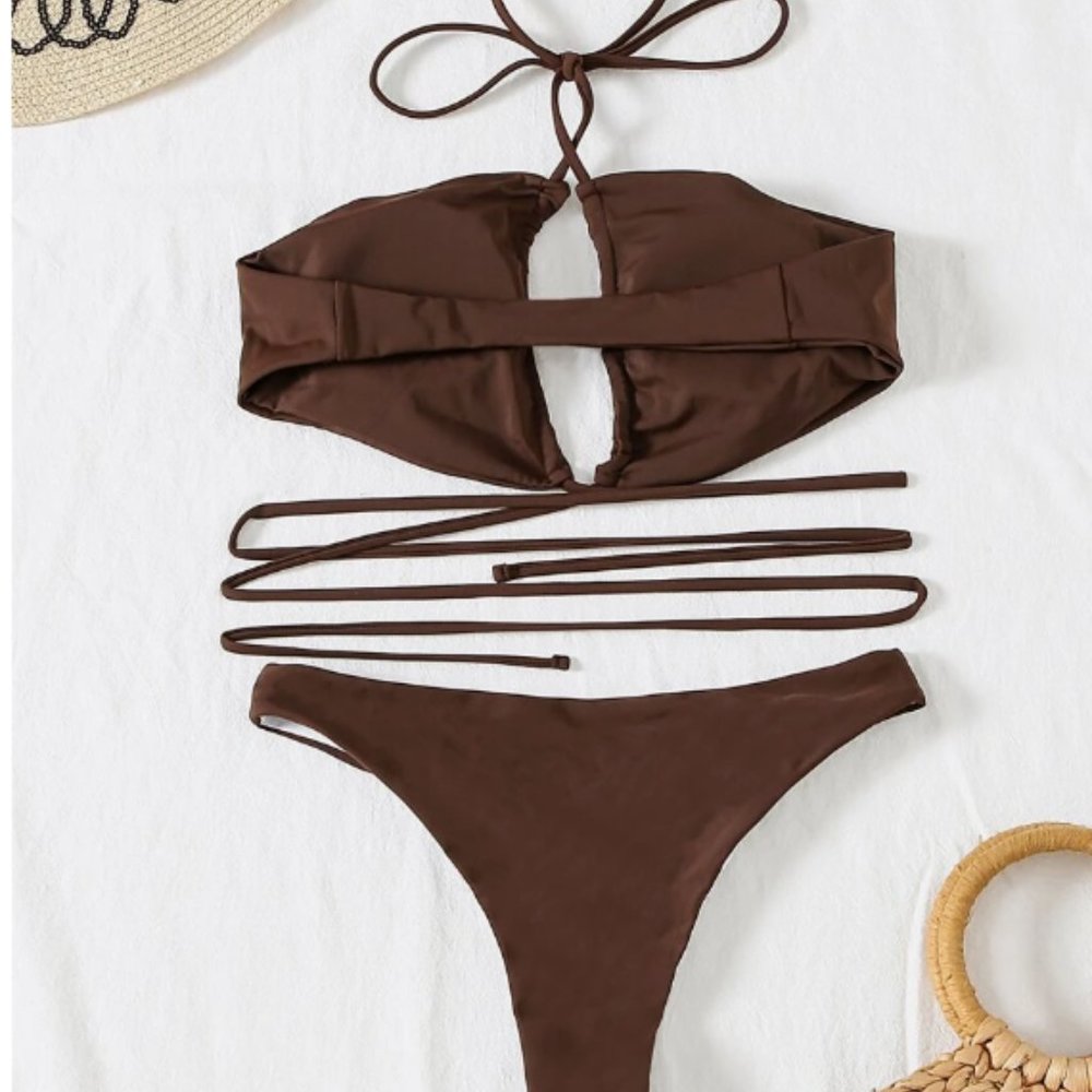 Shein Brown Cross Halter High Cut Bikini Swimsuit Size Medium - Picture 5 of 6